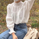 Fashion Ruffle Turtleneck Blouse Women 2022 OL Spring Pleated Puff Sleeve Shirts Casual Female Solid Tops