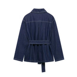 Fongt 2025 New Women's Belt Denim Jacket + Straight Trousers Set