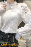 Crochet Lace Blouse Women Chic Ruffle Lace Stitching Shawl Ladies Stand Collar Tops 2023 Spring Long Sleeve Slim