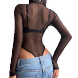 Lapel Bodysuits Night Club Transparent Shirt Fall 2023 Women Solid Color Mesh Perspective Long Sleeve Half Zipper
