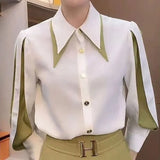Solid Color Patchwork Shirt Stylish Lantern Sleeve Spring Autumn Single-breasted Female Clothing Turn-down Collar Blouse-Outfit