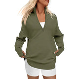 Fongt Hot Style Women's Long Sleeve Half Zipper V-Neck Casual Rib Knit Sweater Women's