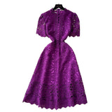 Fongt Squeer Hook Lace Dress Female French Waist Thin Temperament Short-Sleeved Long Dress 2025 Summer