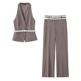 Fongt Temperament With Belt Striped Set 2025 Spring V Collar Vest High-Waisted Trousers Woman