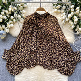 Fongt Top Spring Fashion Bow Tie With Lantern Sleeves Long Sleeves Loose Shirt Woman