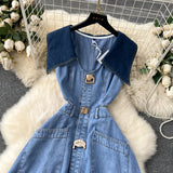 Fongt Large-Cuffless Vest Dress Women's Heart-Cuffed Long Retro Denim Dress Girl