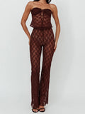 2pcs Set Women Lace Bustiers Strapless Off Shoulder Tube Tops Party Mesh See Through Tank High Waist Long Flare Pants-Outfit