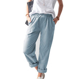 Linen Trousers Solid Color Elastic High Waist