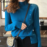 New 2021 Autumn Winter Women Sweater Knitted Multi Colors Buttons Korean Style Wild Lady Slit Pullovers Tops