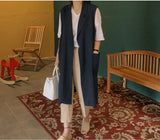 Single-breasted Loose Simple Vest Jacket White 2020 Autumn Spring Sleeveless Suit Waistcoat Linen Long Coat Female
