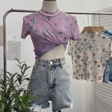 Real Shooting Retro Tie-Dye Double-Layer Mesh Half-High-Neck Short-Sleeved T-Shirt T-Shirt Short-Sleeved T-Shirted Woman