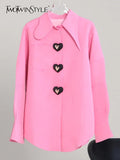 TWOTWINSTYLE Pink Patchwork Heart Colorblock Shirt For Women Lapel Long Sleeve Loose Blouses Female Fashion Spring Clothing
