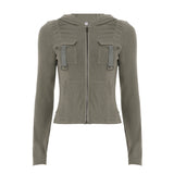 Fongt Wind Pocket Splicing Zipper Short Jacket Women's Autumn Hooded Casual New Top