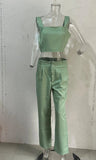 Fongt 2023 New Solid Color Short Crop Sling Top, High-Waist Trousers And Two-Piece Sets-Outfit
