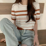 Fongt Version Of Chic Summer Small Casual Round-Coln Color Three-Dimensional Stripe Design Sense Loose Short-Sleeved Knitted T-Shirt
