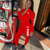 Pink Print Sweatsuits For Women 2 Piece Sets Casual Zipper Sweatshirt + Leggings Tracksuits Spring Fall Sporty