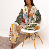 Fongt Women's 2025 Suit New Casual Print V-Neck Shirt Broad Leg Pants Women's Spring Suit