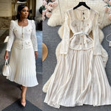 Fongt Small Scented Dress Female Senior Feeling Heavy Industry Nail Bead Metal Collar Lace Splicing Hundred Folded Fairy Dress