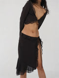 Women Ruffles 2 Piece Skirt Set Long Sleeve Mesh See Through Shirts Tops Low Waist High Split Skirts Outfits Clubwear-Outfit