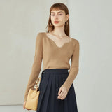 Women Knitted Sweater Long Sleeves Autumn Tops Gentle Retro Pullovers Irregular Neckline Solid Color Women
