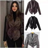 Fongt Early Spring New Women's Retro Coffee Brown Leather Coat Women