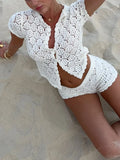 Fongt Spring And Summer New Women's Shawl Short Hollow Knitted V-Necked Shirt Shorts Lace