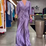 Fongt Summer New Fashion Sexy V-Neck Pleated Solid Color Loose Dress-Outfit