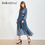 Vintage Hollow Out Dress For Female Stand Collar Long Sleeve High Waist Print Elegant Dresses Women 2021