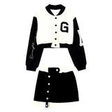 2023 New Casual 2 Piece Set Women Loose Hoodie Vintage Baseball Jacket High Waist Mini Skirts Two Piece