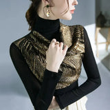 Chic Sequined Gauze T-shirt Patchwork Female Clothing Casual Turtleneck Spring Autumn Slim All-match Long Sleeve Pullovers-Outfit