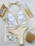 Fongt Bikini Bikini White Coffee Contrast Color Hollow Strap One-Piece Swimsuit D788KY-Outfit