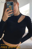 Top Women Long Sleeve T Shirt Hollow Out T-Shirts Autumn Winter Clothes Solid Basic Blue Streetwear White Crop