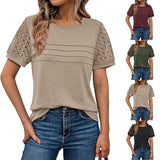 Fongt New Women's Round Collar Casual T Overalls Solid Color Lace Sleeve Top