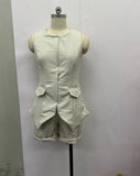 Fongt Summer Women's Solid Color Slim Sleeveless Vest High-Waisted Shorts Two-Piece Sets-Outfit