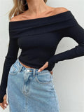 Women Off Shoulder Crop Tops Pullovers Solid Color Ribbed Slash Neck Sweaters Long Sleeve Exposed Navel Knitwear 2023-Outfit