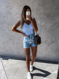 Wsih Hot Style Summer Simple Pure Color Sleeveless V Collar Pit Strip Lady Vest Female-Outfit