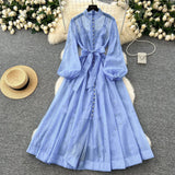 Fongt Standing Collar Nails Drilled Full Of Star Buckle Lantern Sleeves Tied With Waist Temperament Dress Famous Party Dress Dress