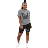 Summer New PINK Letter Print Short Sleeves Tshirt + Biker Shorts Sets Casual Two Piece Women Fashion Outfit