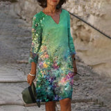 Floral Print Fashion Slim V-Neck Half Sleeve Midi