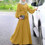 Women Muslim Abaya Dubai Dress Solid Long Sleeve Ruffles Maxi Long Sundress Robe Femme Lace Up Hijab Dress Islamic