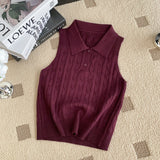 Fongt Chic Summer French Niche Polo Collar Sleeveless Knitted Top Girl Slime With Solid Color Vest