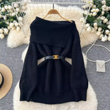 Fongt Fan High Sense Sweater 2024 Winter Belt Waist Versatile Shoulder Lapel Show Thin Chic Knit Top-Outfit