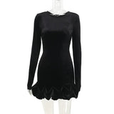 Black Velvet Long Sleeve Puff Trim Bodycon Mini Dress-Outfit