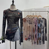 Fongt Tie-Dye-Print Net Yarn Jersey Long-Sleeved Top Irregularly T-Shirt With Thin Short T-Shirt 1919