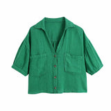 Women Fashion Candy Color Double Pockets Loose Linen Smock Blouse Lady Buttons Short Shirt Chic Kimono Blusas Tops