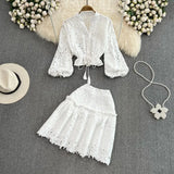 V Neck Hollow Embroidered Lantern Sleeve Short Shirt Solid Mini Skirt 2 Piece Suit Women 2024 Autumn Fashion New TH2512-Outfit
