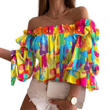 Off Shoulder Colorful Pleated Ladies Flare Sleeve