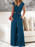 Fongt Women's Clothing 2025 New Summer V Tie With Open-Vum Wide Leg Trousers Casual Fashion Set