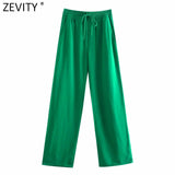 Women Simply Solid Green Color Pockets Casual Straight Pants Female Chic Elastic Waist Lace Up Summer Long Trousers