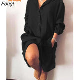 Summer New Shirt Dress Loose Double Pocket Long Sleeve Solid Women's Long Shirt Women Dress Bandage Dress Summer
